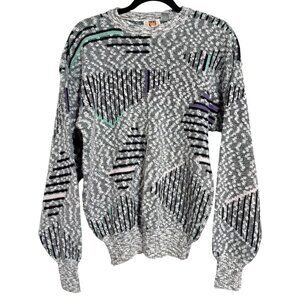 Vintage 90s FLUID Geometric Bubble Knit Sweater Mens Size S Gray Green Purple Ac